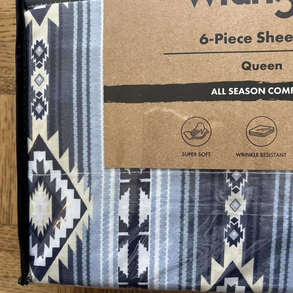 Wrangler Queen Sheet Set Ryder Aztec Blue Southwestern Geometric 6 pc Set Cowboy